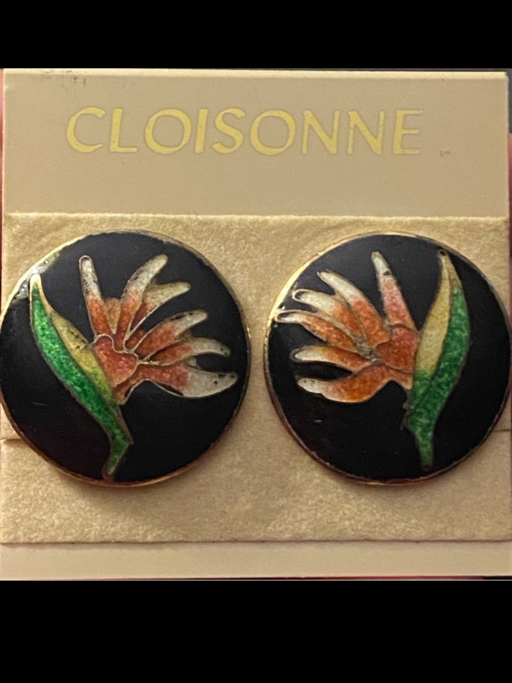 Vintage Cloisonné Enamel Flower Clip On Round Earrings Bird Of Paradise Design